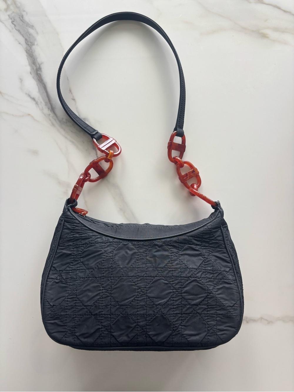 Vintage Dior cannage ipanema nylon shoulder bag with tortoiseshell strap details